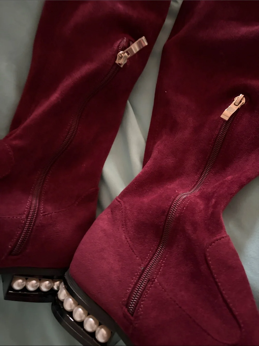 Over-the-Knee Pearl Accent Boots in Burgundy Suede